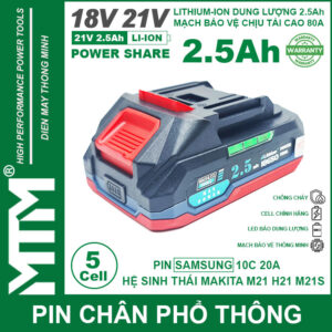 Pin chân phổ thông Makita 18V 21V 2.5Ah 5 cell mạch 80A led báo pin chống sốc – Cell Samsung 25R
